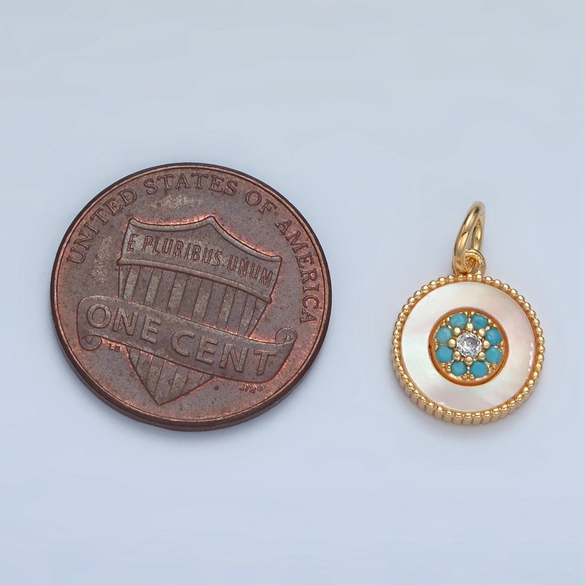 24K Gold plated Turquoise Micro Paved Shell Pearl Round Charm | M869 - DLUXCA