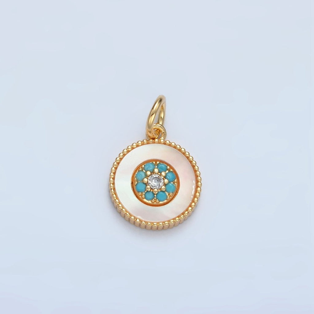 24K Gold plated Turquoise Micro Paved Shell Pearl Round Charm | M869 - DLUXCA