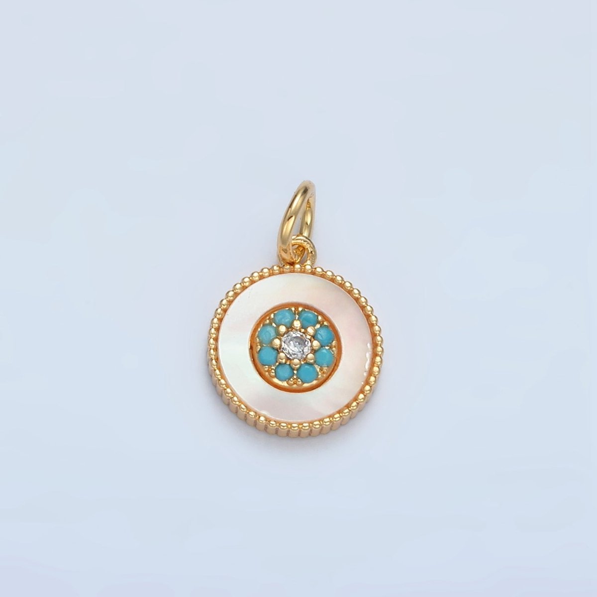24K Gold plated Turquoise Micro Paved Shell Pearl Round Charm | M869 - DLUXCA