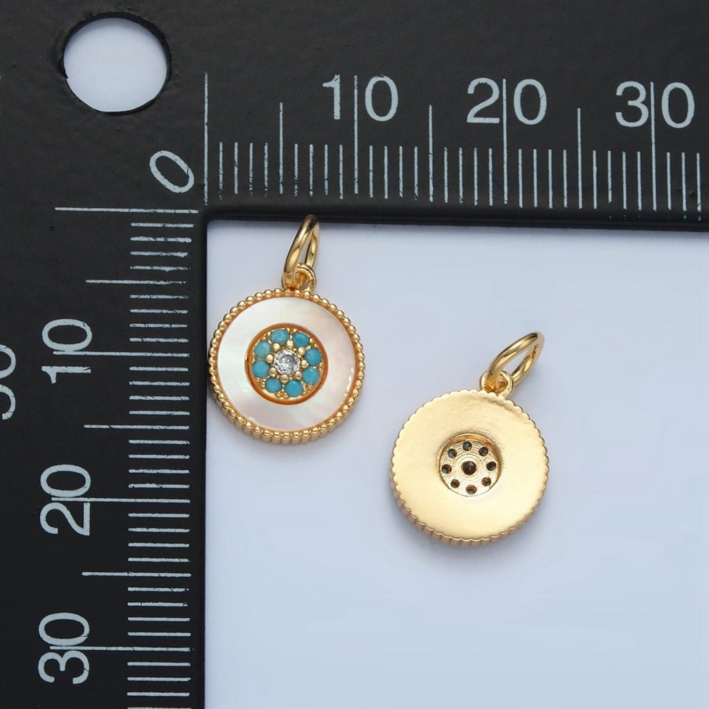 24K Gold plated Turquoise Micro Paved Shell Pearl Round Charm | M869 - DLUXCA