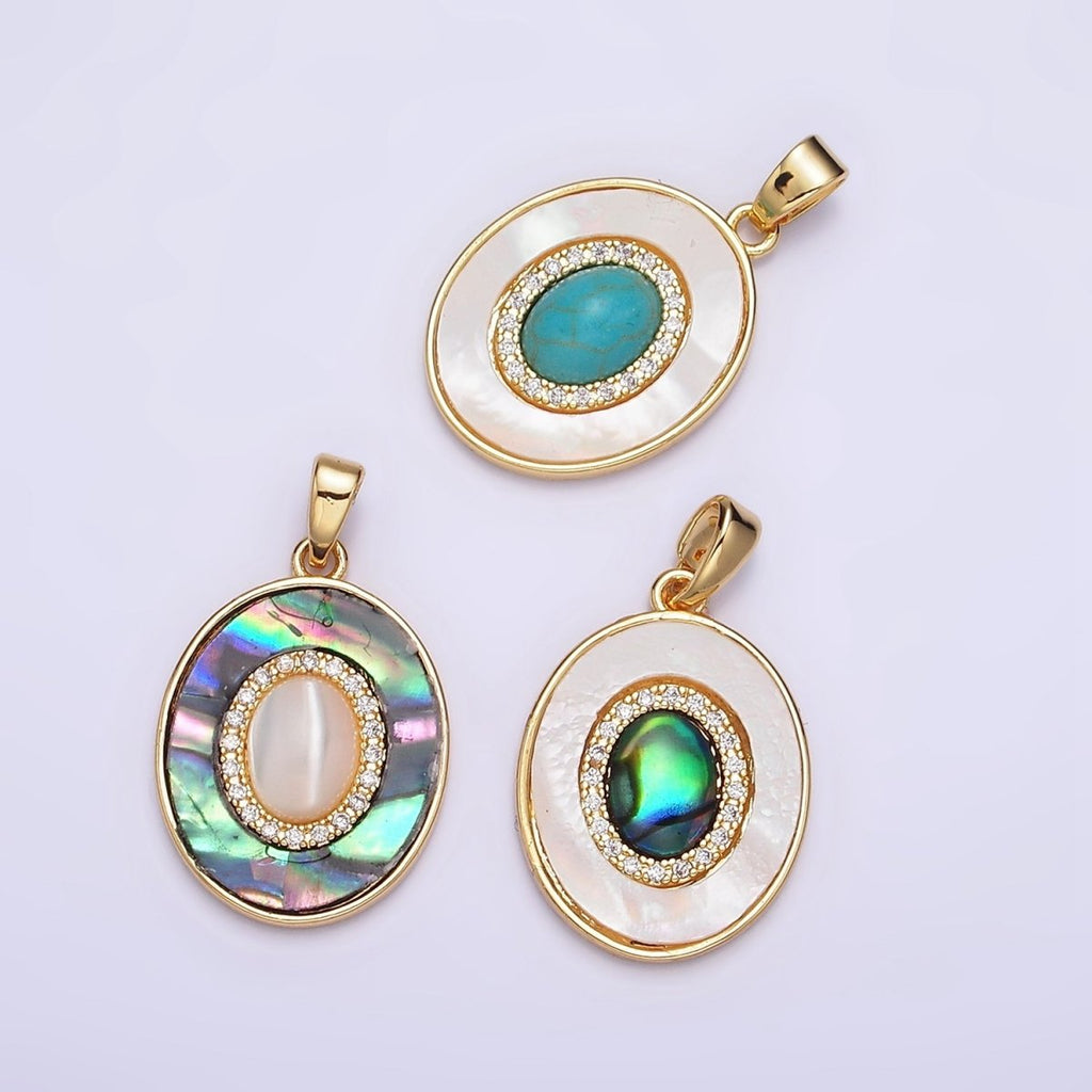 24K Gold plated Turquoise, Pearl, Abalone Micro Paved CZ Shell Pearl, Abalone Pendant | AA595 - AA597 - DLUXCA