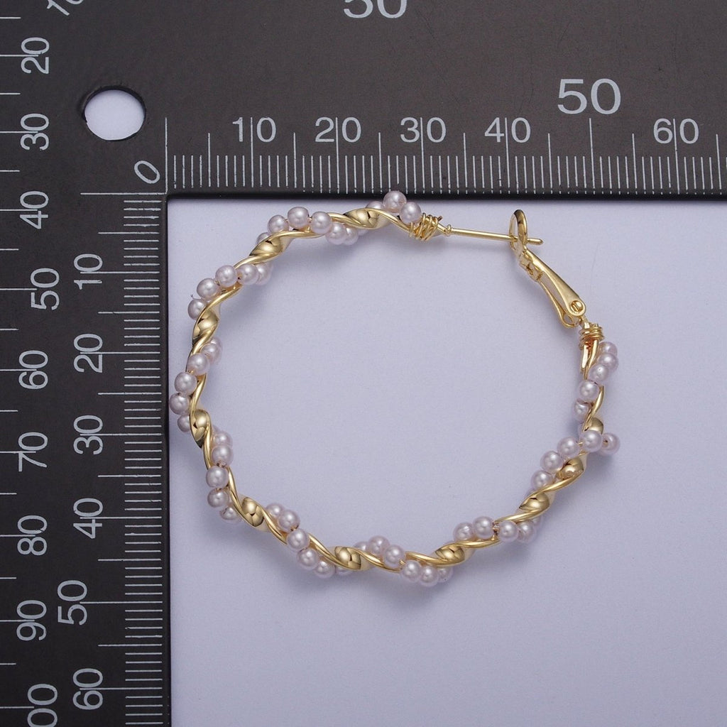 24K Gold plated Twisted Pearls 50mm Hoops Earrings | Y-231 - DLUXCA