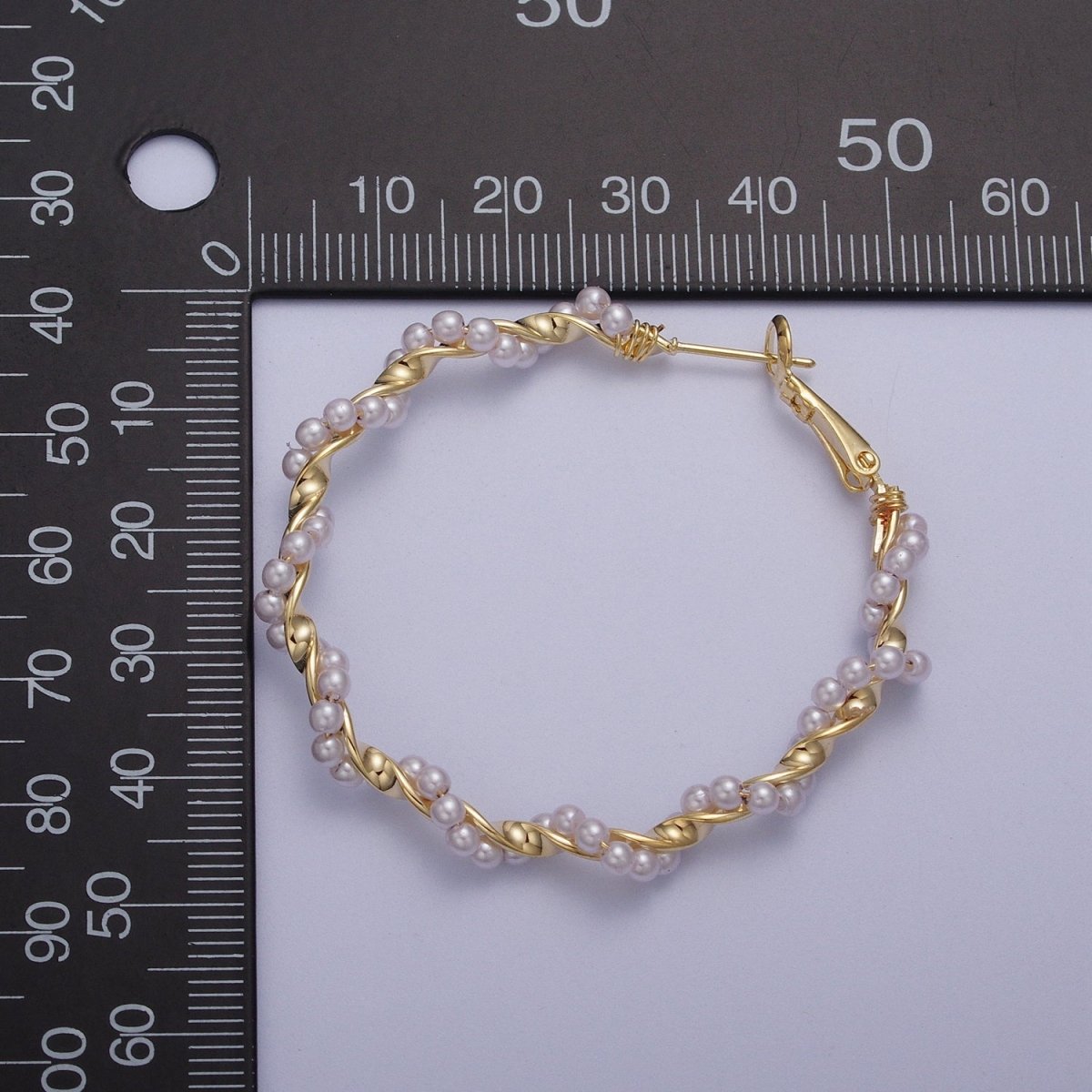 24K Gold plated Twisted Pearls 50mm Hoops Earrings | Y-231 - DLUXCA