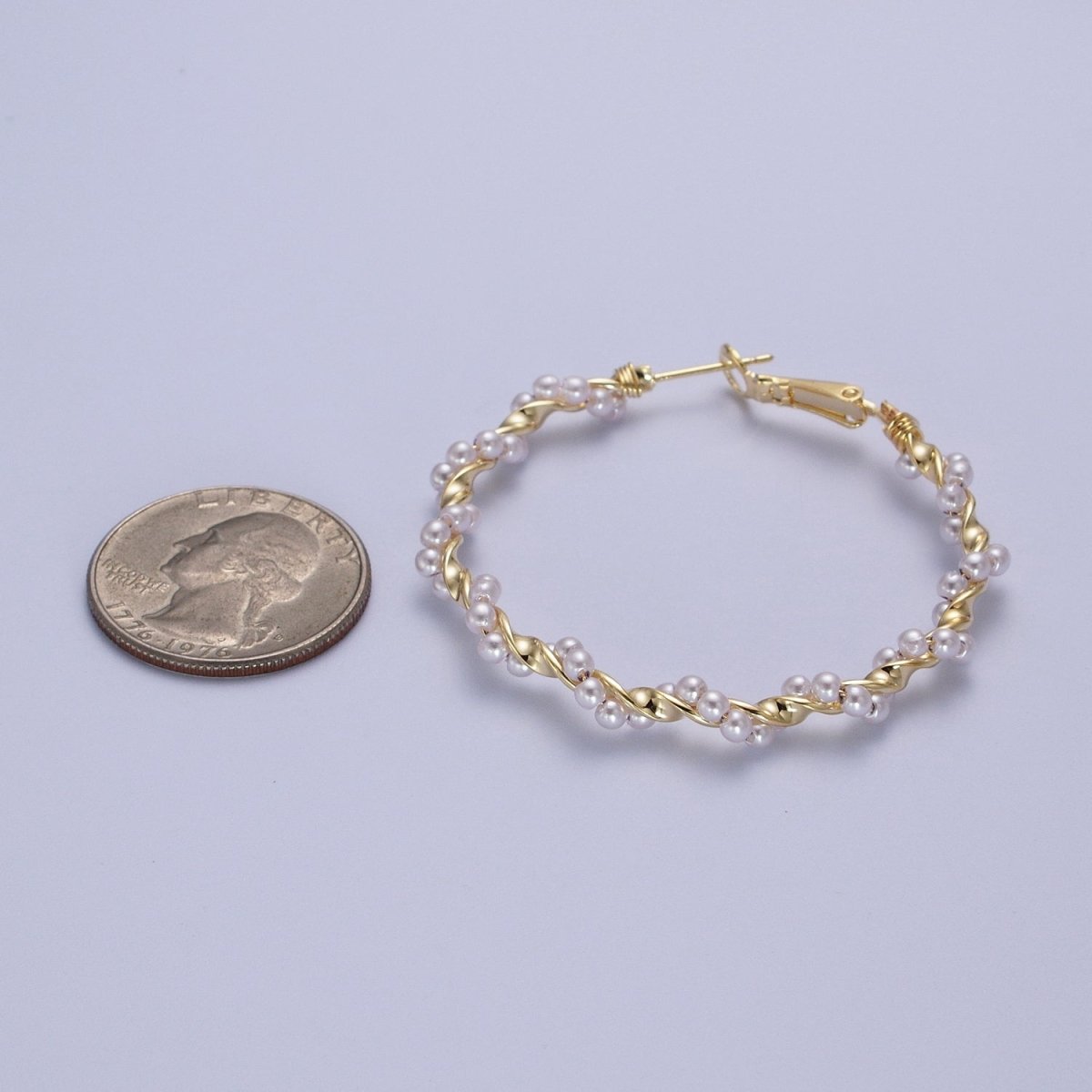 24K Gold plated Twisted Pearls 50mm Hoops Earrings | Y-231 - DLUXCA
