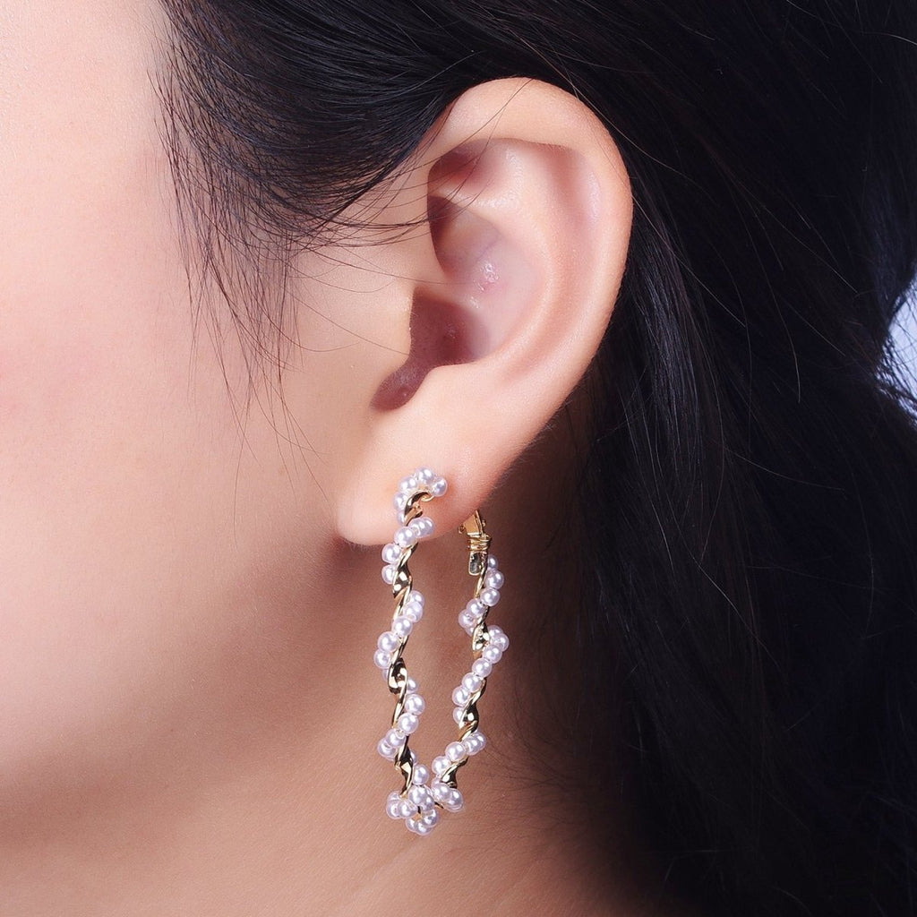 24K Gold plated Twisted Pearls 50mm Hoops Earrings | Y-231 - DLUXCA