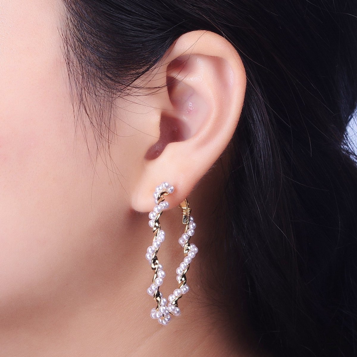 24K Gold plated Twisted Pearls 50mm Hoops Earrings | Y-231 - DLUXCA