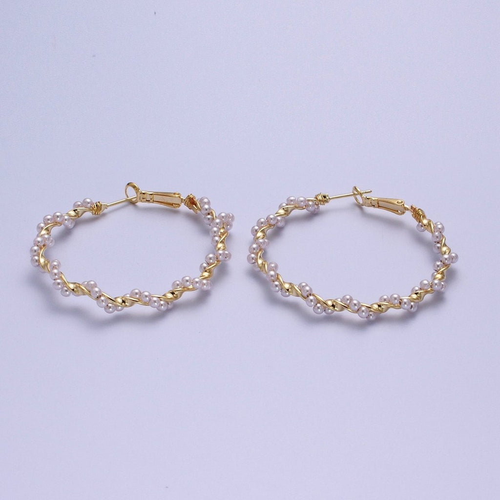 24K Gold plated Twisted Pearls 50mm Hoops Earrings | Y-231 - DLUXCA