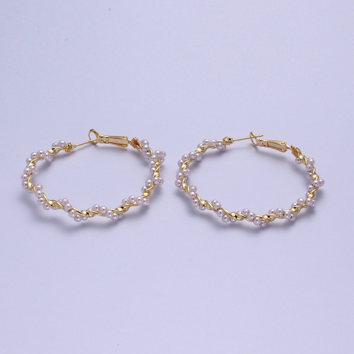 24K Gold plated Twisted Pearls 50mm Hoops Earrings | Y-231 - DLUXCA