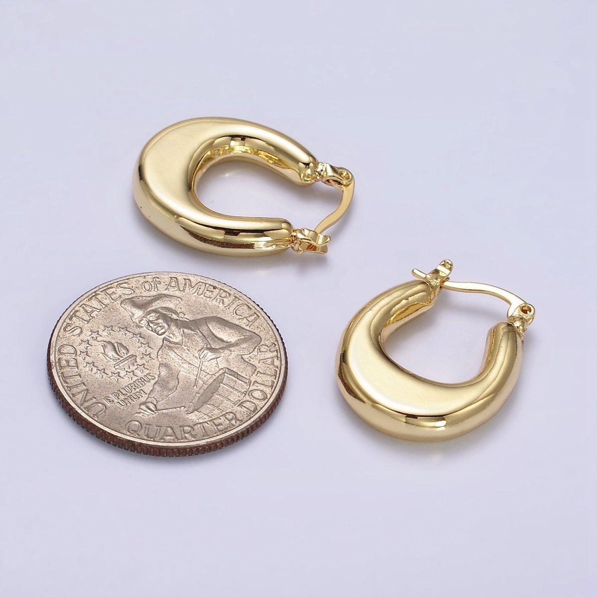 24K Gold plated U-Shaped Edged Chubby French Lock Latch Hoop Earrings in Gold & Silver | AE612 AE613 - DLUXCA