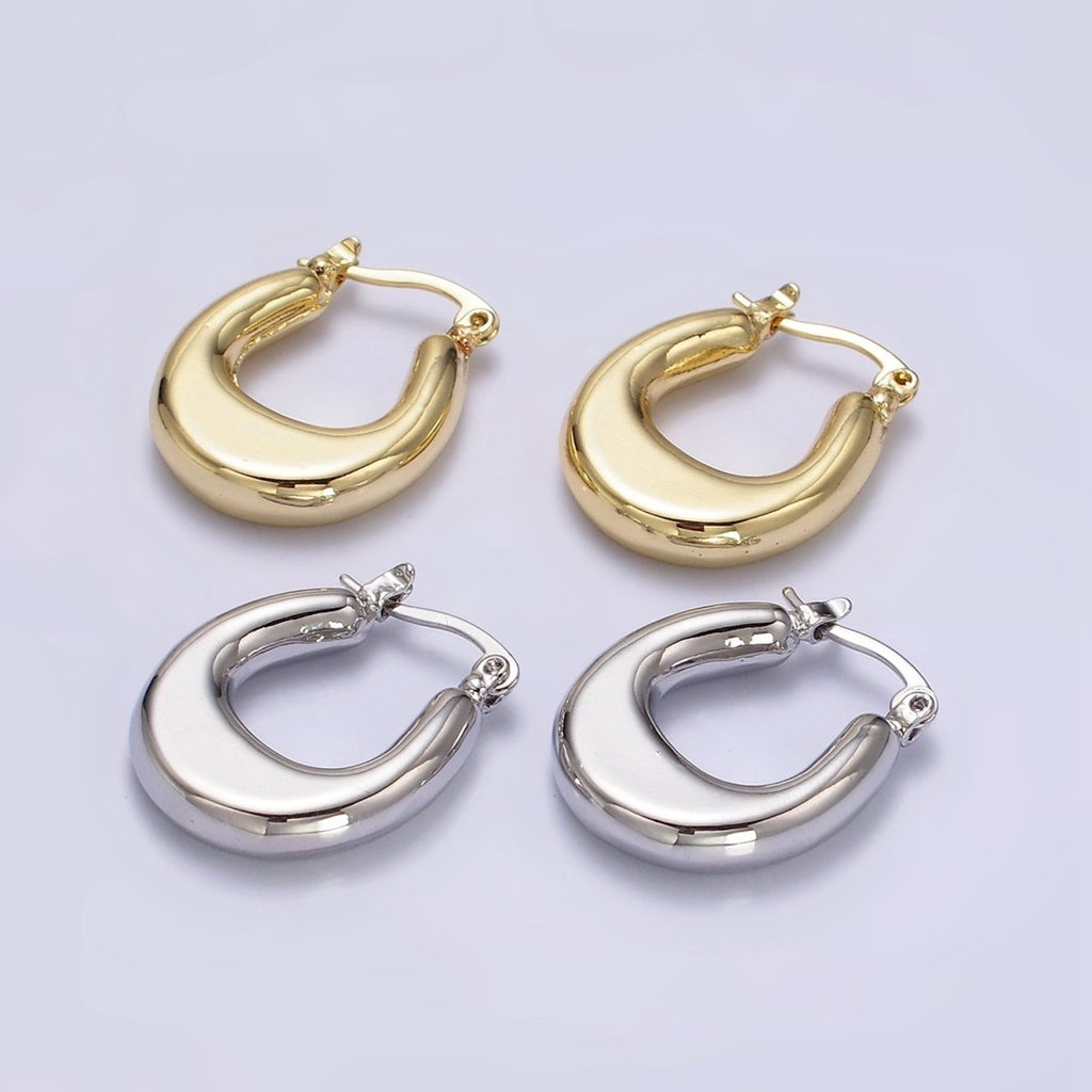 24K Gold plated U-Shaped Edged Chubby French Lock Latch Hoop Earrings in Gold & Silver | AE612 AE613 - DLUXCA