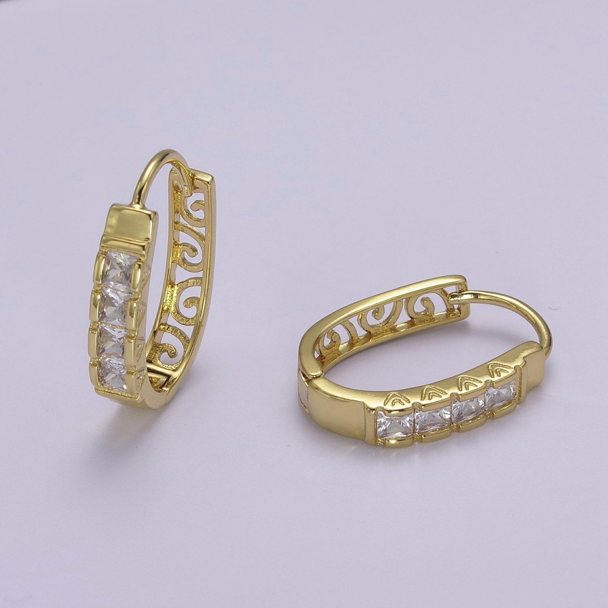 24K Gold plated U Shaped Vintage Filigree Square Cubic Zirconia Huggie Hoop | V-369 - DLUXCA