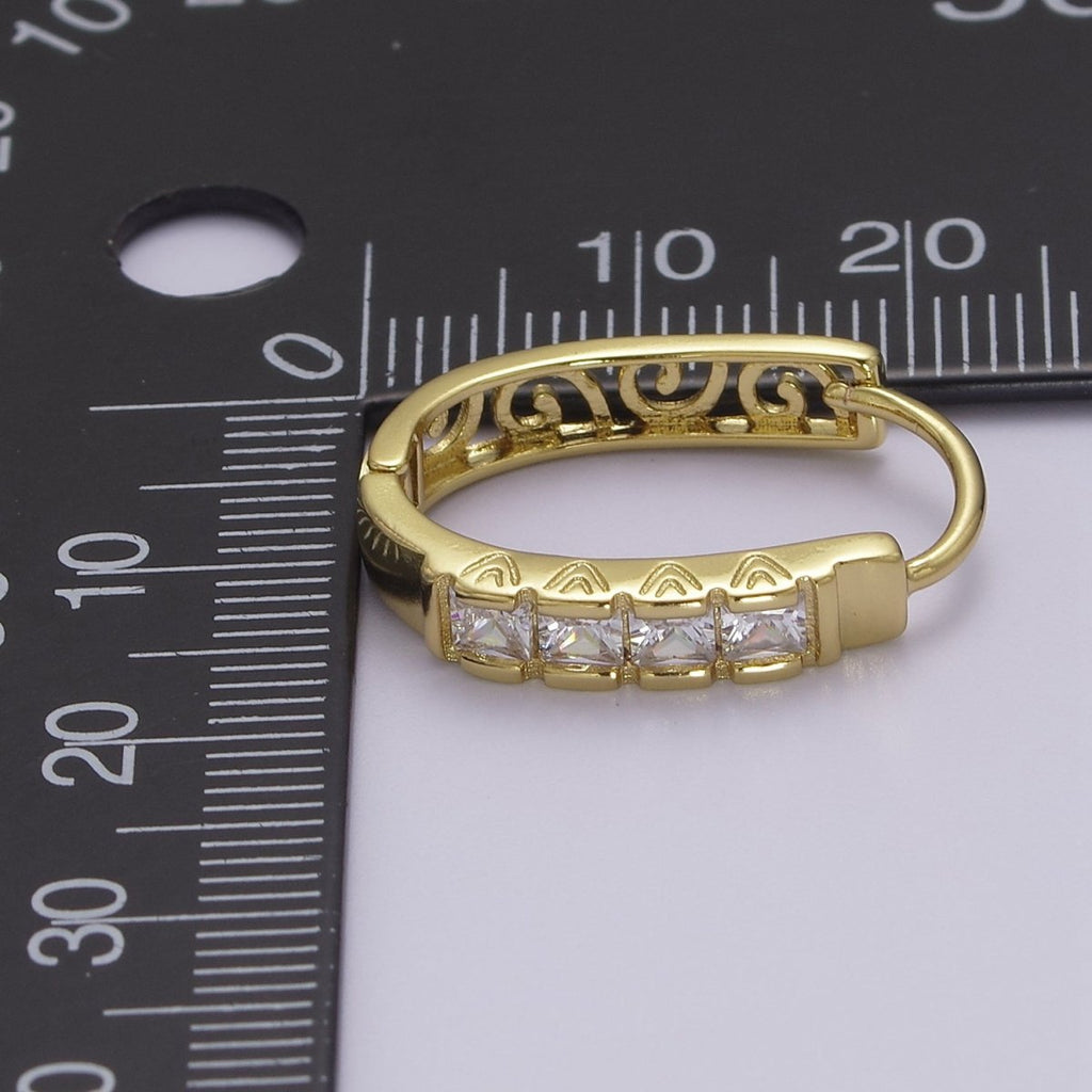 24K Gold plated U Shaped Vintage Filigree Square Cubic Zirconia Huggie Hoop | V-369 - DLUXCA