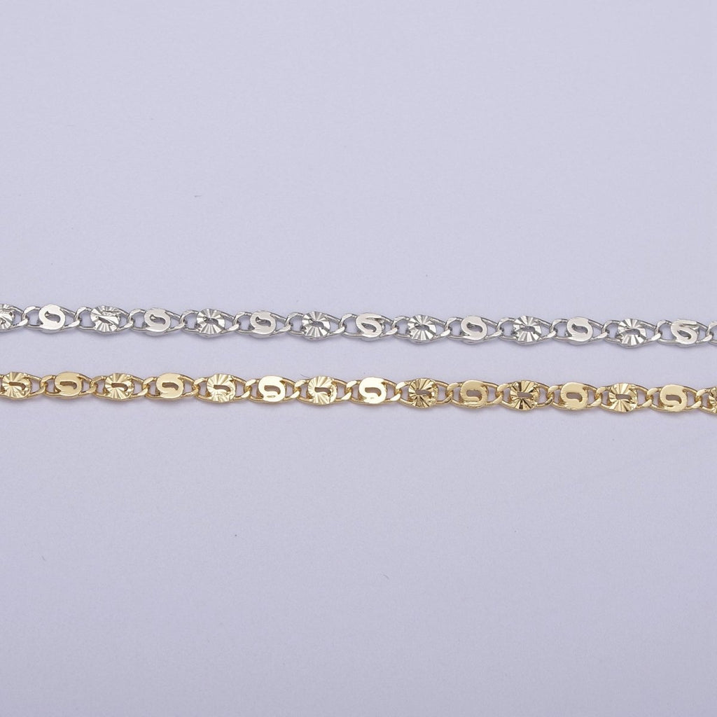 24K Gold plated Unique Scroll Chain, Sunburst Textured Unfinished Chain in Gold & Silver For Jewelry Making | ROLL-680, ROLL-681 Clearance Pricing - DLUXCA