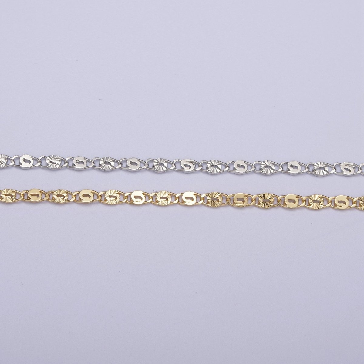 24K Gold plated Unique Scroll Chain, Sunburst Textured Unfinished Chain in Gold & Silver For Jewelry Making | ROLL-680, ROLL-681 Clearance Pricing - DLUXCA