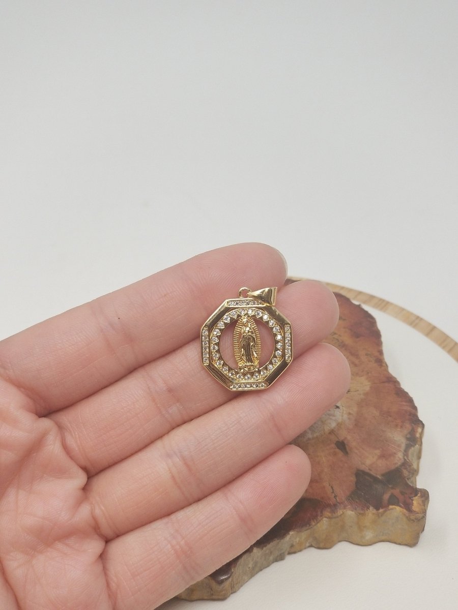 24k Gold plated Virgin Mary Medallion Necklace Octagon Virgin Mary Pendant for Religious Necklace Lady Guadalupe Charm, Mother of God I-127 - DLUXCA