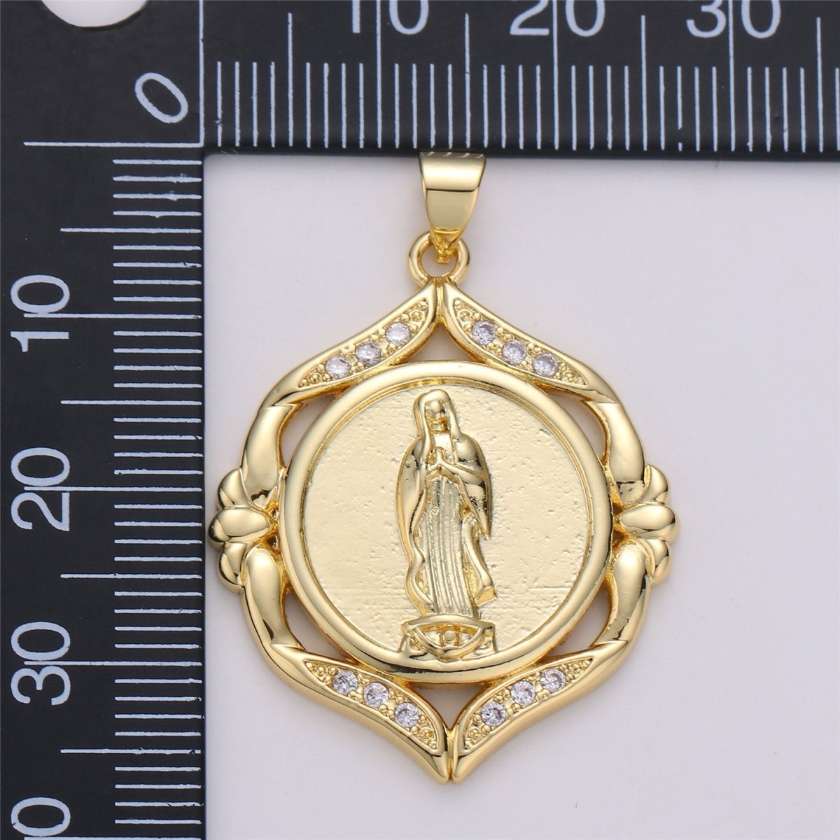 24k Gold plated Virgin Mary Medallion Scalloped Edge 26mm - Religious Jewelry, Catholic Pendant, Saint Charm, 24K gf Lady Guadalupe Charm I-574 - DLUXCA