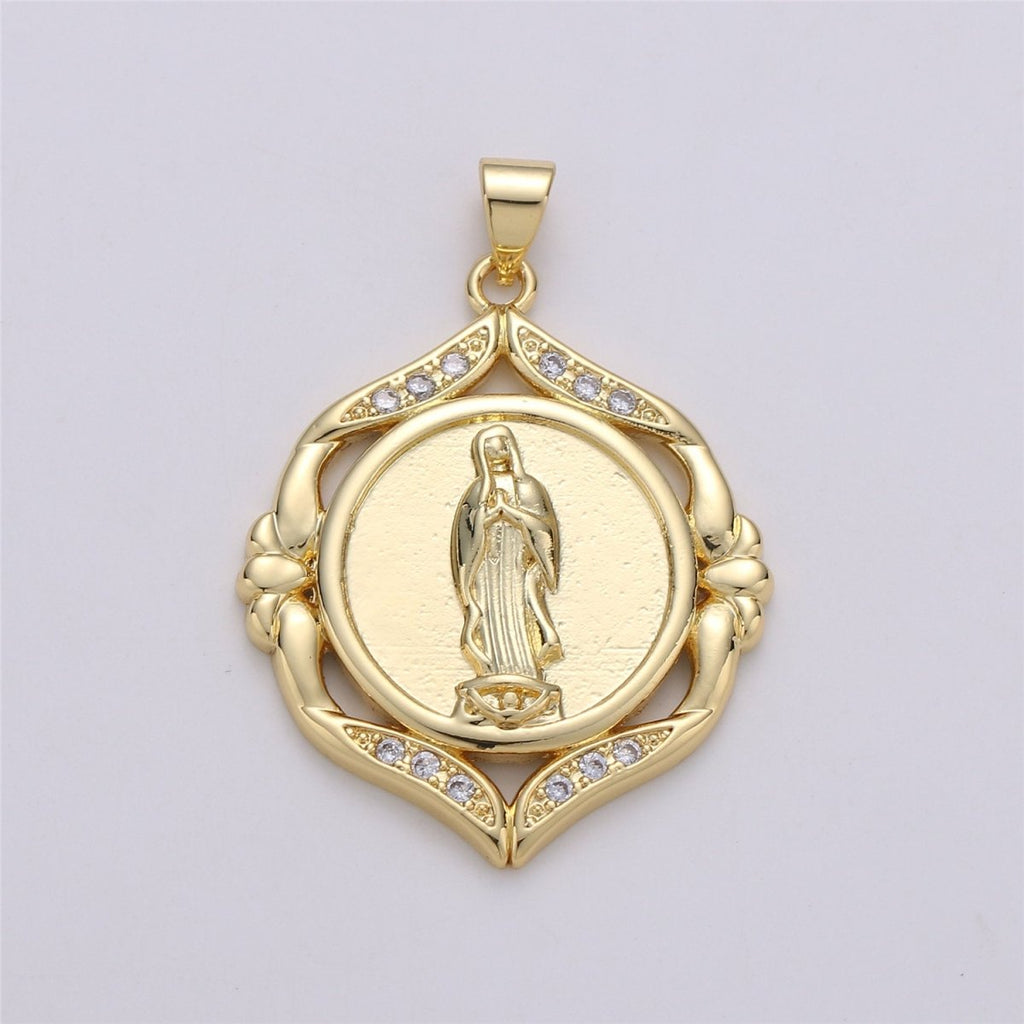 24k Gold plated Virgin Mary Medallion Scalloped Edge 26mm - Religious Jewelry, Catholic Pendant, Saint Charm, 24K gf Lady Guadalupe Charm I-574 - DLUXCA