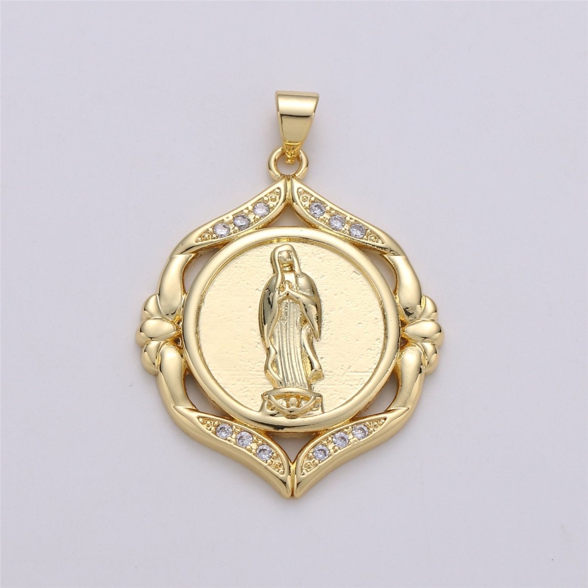24k Gold plated Virgin Mary Medallion Scalloped Edge 26mm - Religious Jewelry, Catholic Pendant, Saint Charm, 24K gf Lady Guadalupe Charm I-574 - DLUXCA
