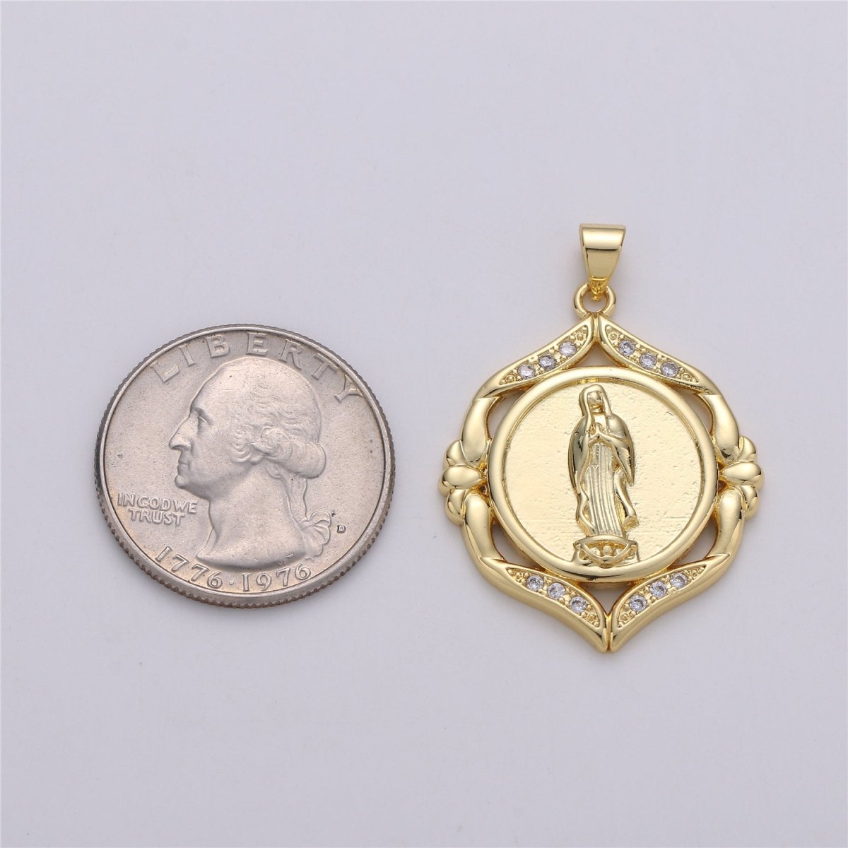 24k Gold plated Virgin Mary Medallion Scalloped Edge 26mm - Religious Jewelry, Catholic Pendant, Saint Charm, 24K gf Lady Guadalupe Charm I-574 - DLUXCA