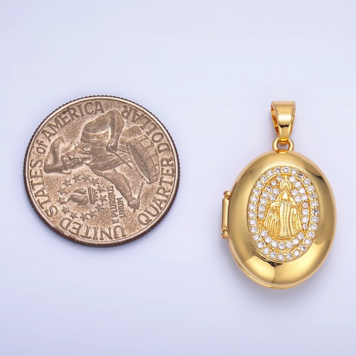 24K Gold plated Virgin Mary Micro Paved CZ Oval Locket Pendant | AA1088 