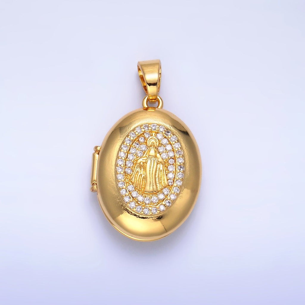 24K Gold plated Virgin Mary Micro Paved CZ Oval Locket Pendant | AA1088 