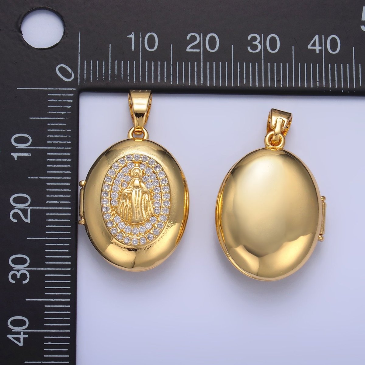 24K Gold plated Virgin Mary Micro Paved CZ Oval Locket Pendant | AA1088 