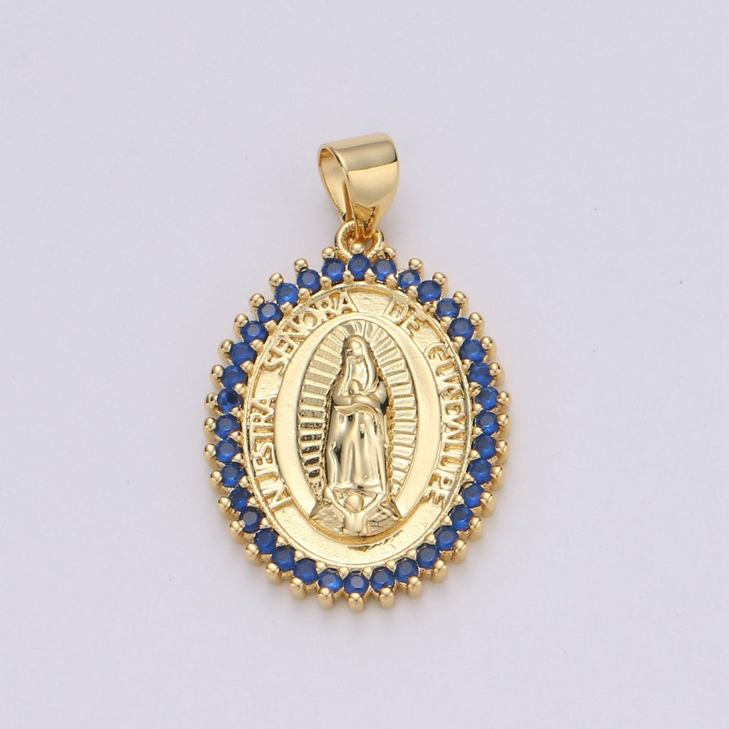 24k Gold plated Virgin Mary Pendant Necklace Green Blue Teal Micro Pave Virgen de Guadalupe Medallion Pendant for Necklace Religious Jewelry I-841~I-843 I-845 - DLUXCA