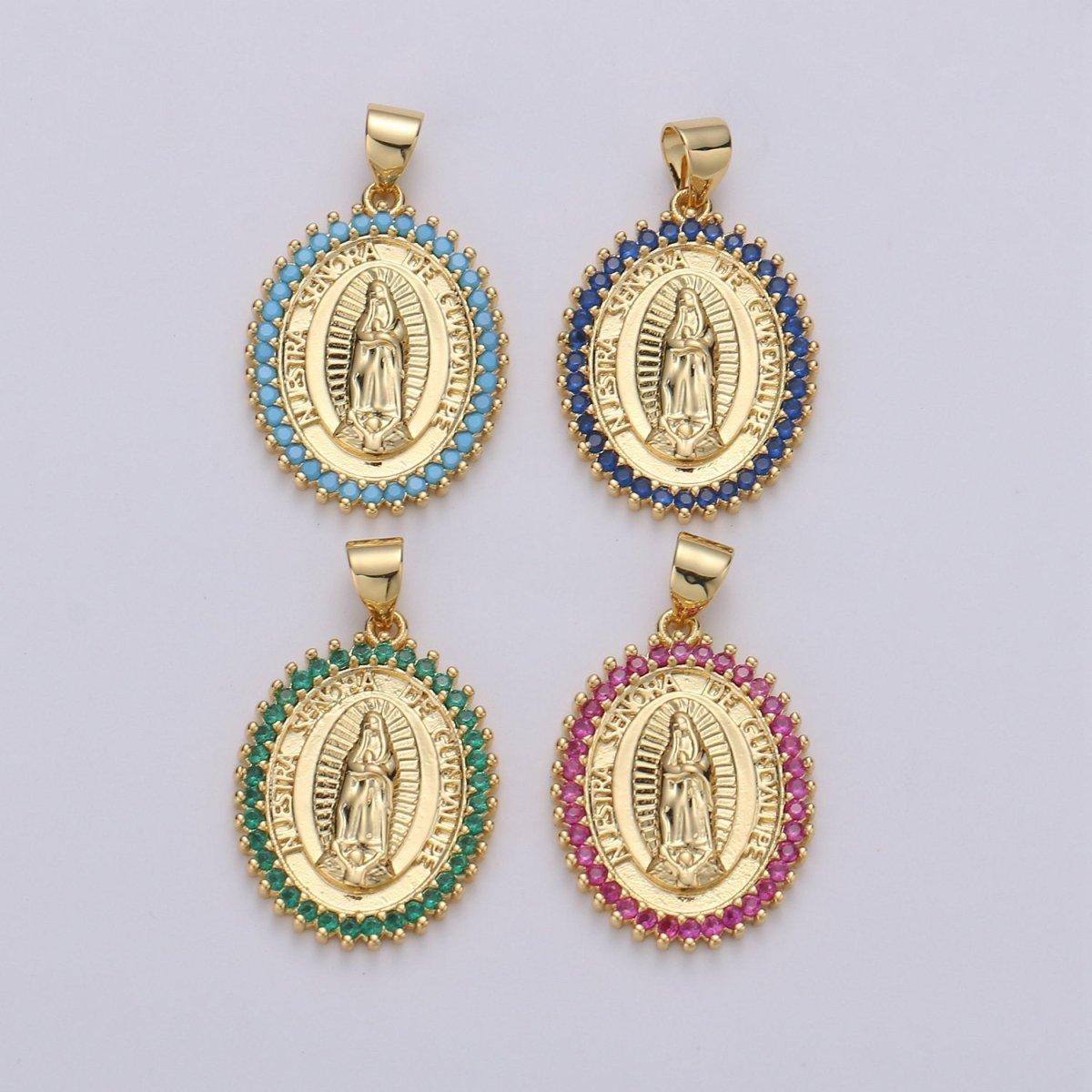 24k Gold plated Virgin Mary Pendant Necklace Green Blue Teal Micro Pave Virgen de Guadalupe Medallion Pendant for Necklace Religious Jewelry I-841~I-843 I-845 - DLUXCA