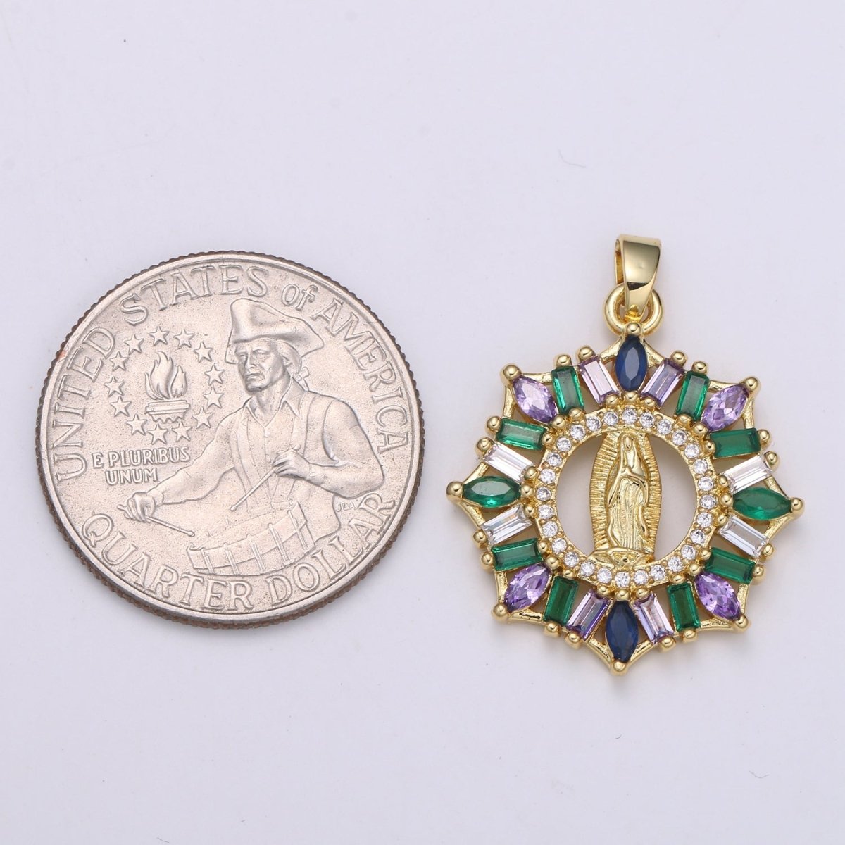 24K Gold plated Virgin Mother Mary Pendant Micro Pave Baguette Lady of Guadalupe Medallion Necklace Charm for Religious Jewelry J-262 - DLUXCA