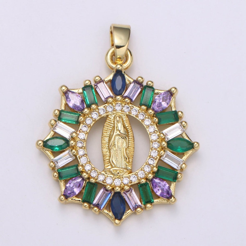 24K Gold plated Virgin Mother Mary Pendant Micro Pave Baguette Lady of Guadalupe Medallion Necklace Charm for Religious Jewelry J-262 - DLUXCA