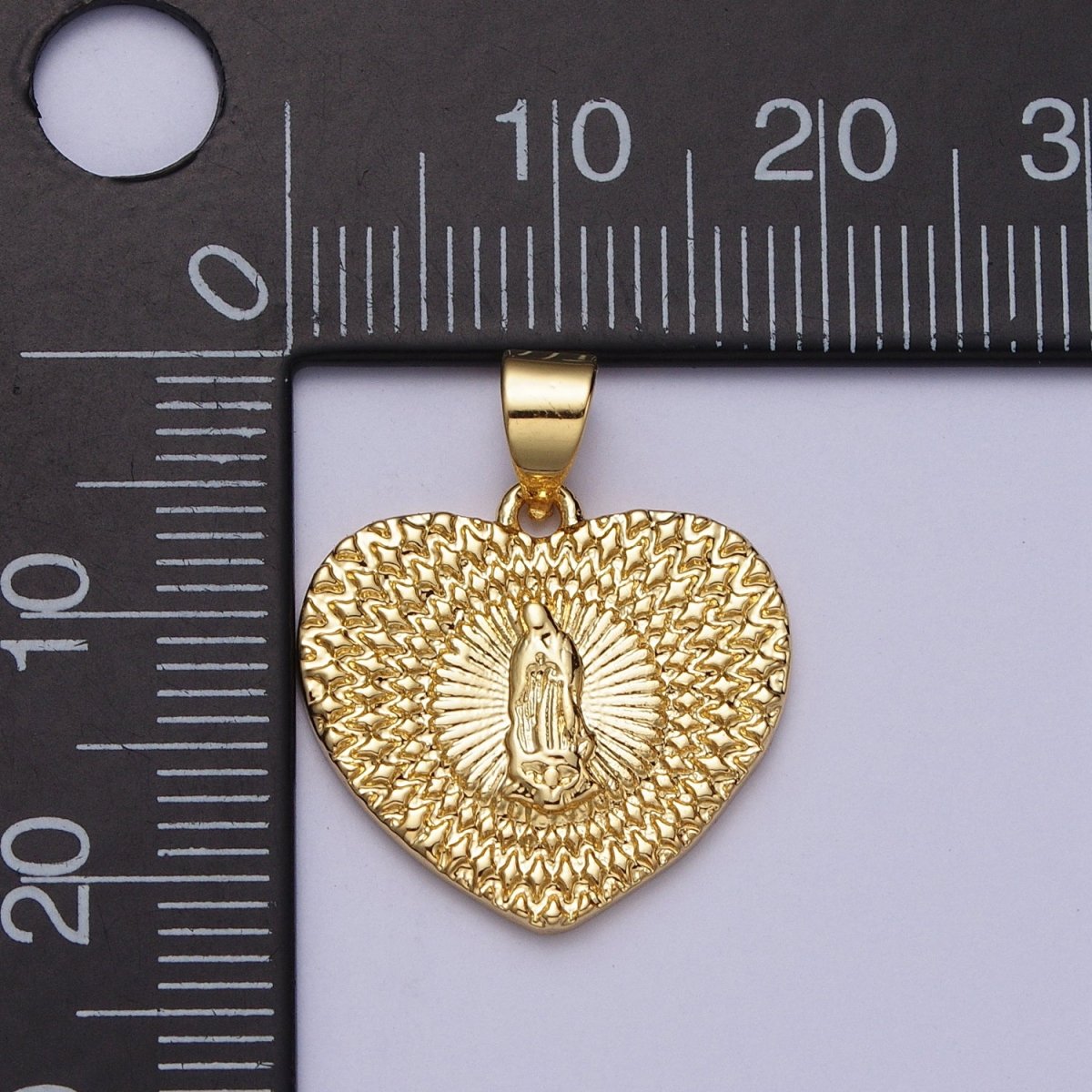24K Gold plated Virgin Mother Mary Sunburst Textured Heart Pendant H-413 - DLUXCA