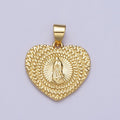 24K Gold plated Virgin Mother Mary Sunburst Textured Heart Pendant H-413 - DLUXCA