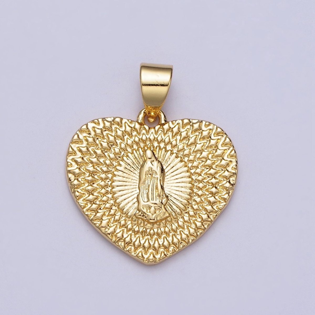 24K Gold plated Virgin Mother Mary Sunburst Textured Heart Pendant H-413 - DLUXCA