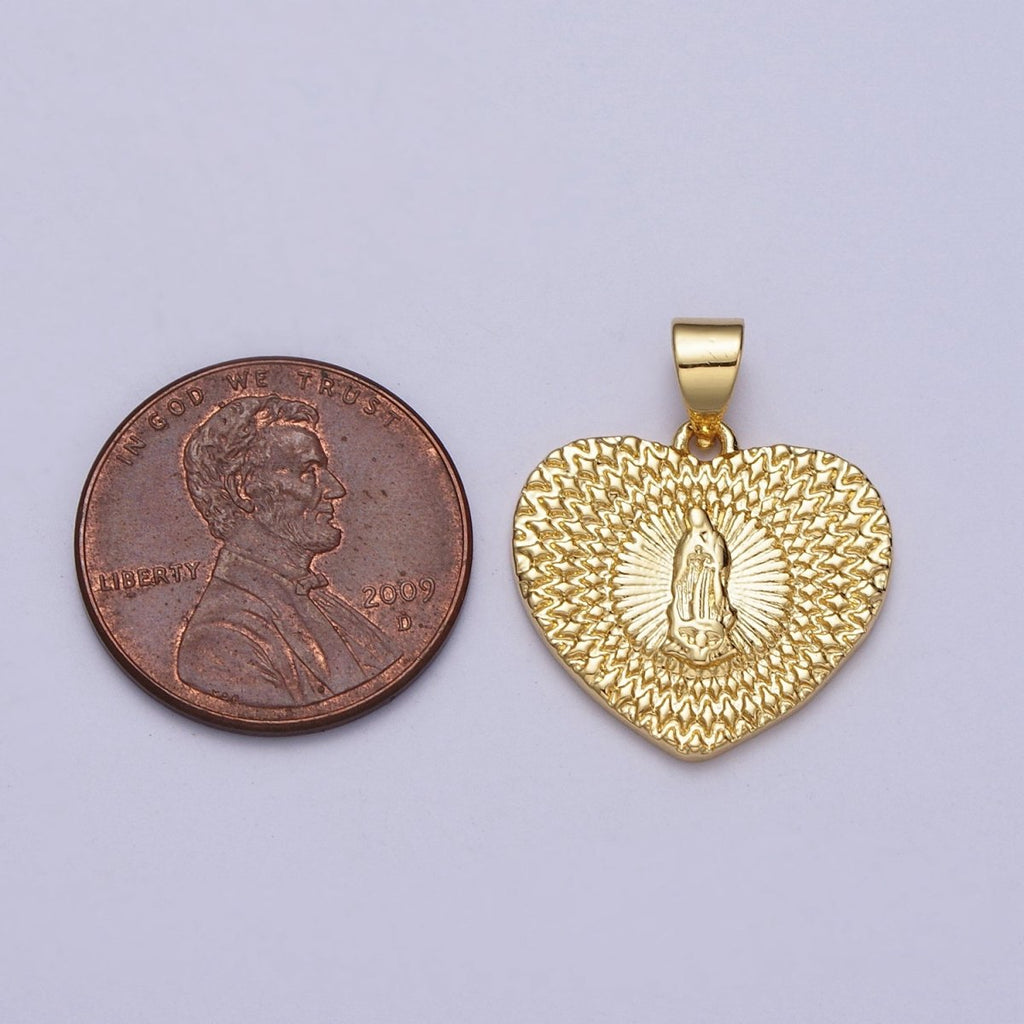 24K Gold plated Virgin Mother Mary Sunburst Textured Heart Pendant H-413 - DLUXCA