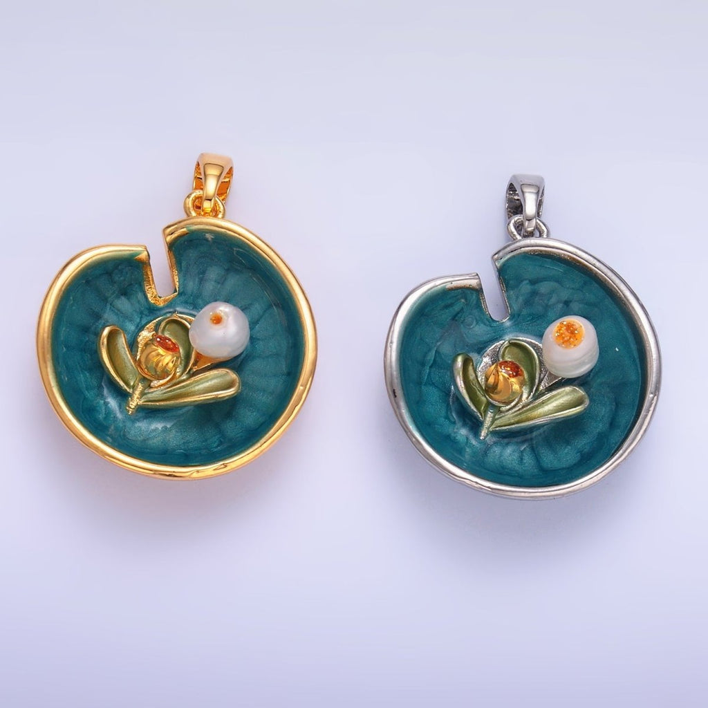 24K Gold plated Water Lily Flower Arrangement Pearl Enamel Charm in Gold & Silver | AA1424 - DLUXCA