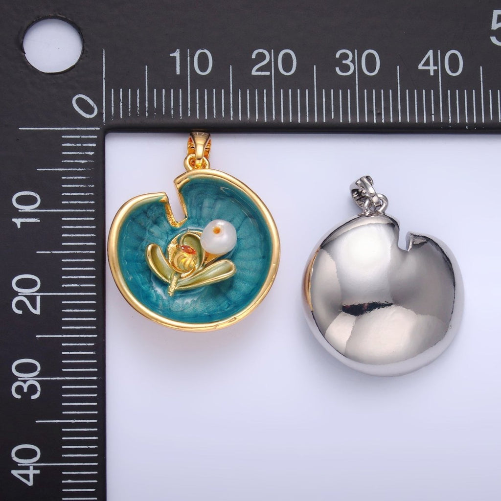 24K Gold plated Water Lily Flower Arrangement Pearl Enamel Charm in Gold & Silver | AA1424 - DLUXCA