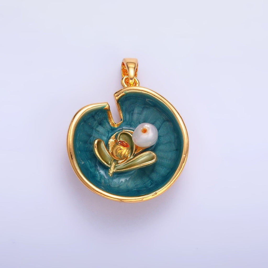 24K Gold plated Water Lily Flower Arrangement Pearl Enamel Charm in Gold & Silver | AA1424 - DLUXCA