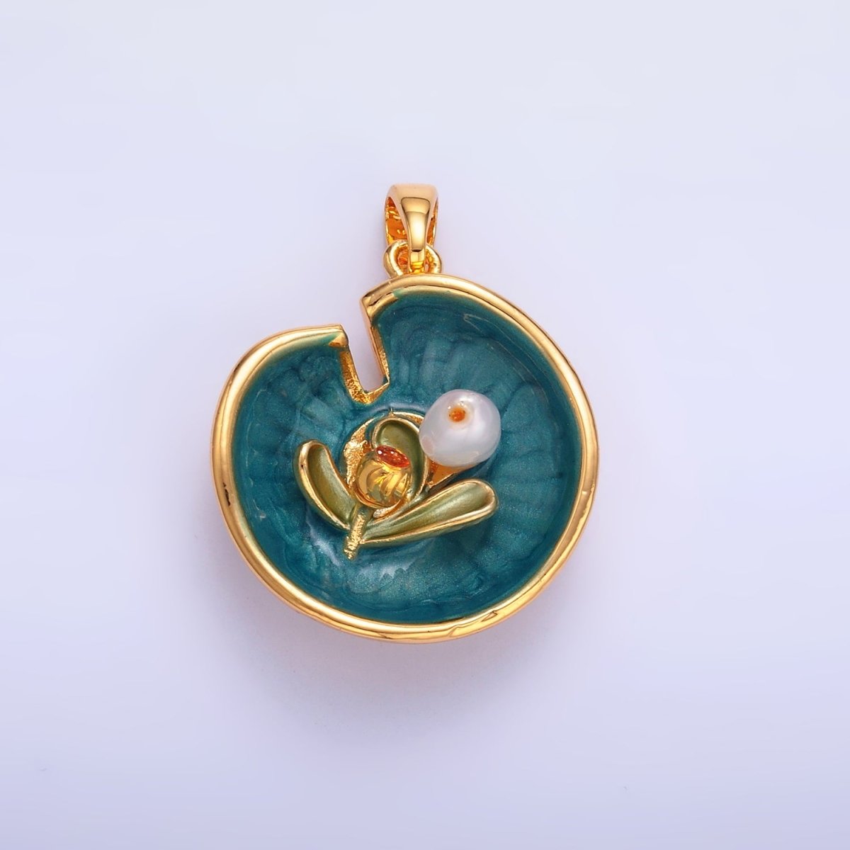 24K Gold plated Water Lily Flower Arrangement Pearl Enamel Charm in Gold & Silver | AA1424 - DLUXCA