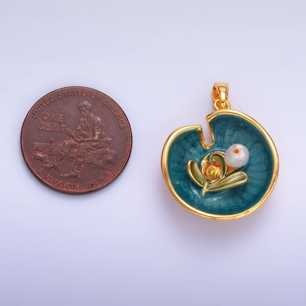 24K Gold plated Water Lily Flower Arrangement Pearl Enamel Charm in Gold & Silver | AA1424 - DLUXCA