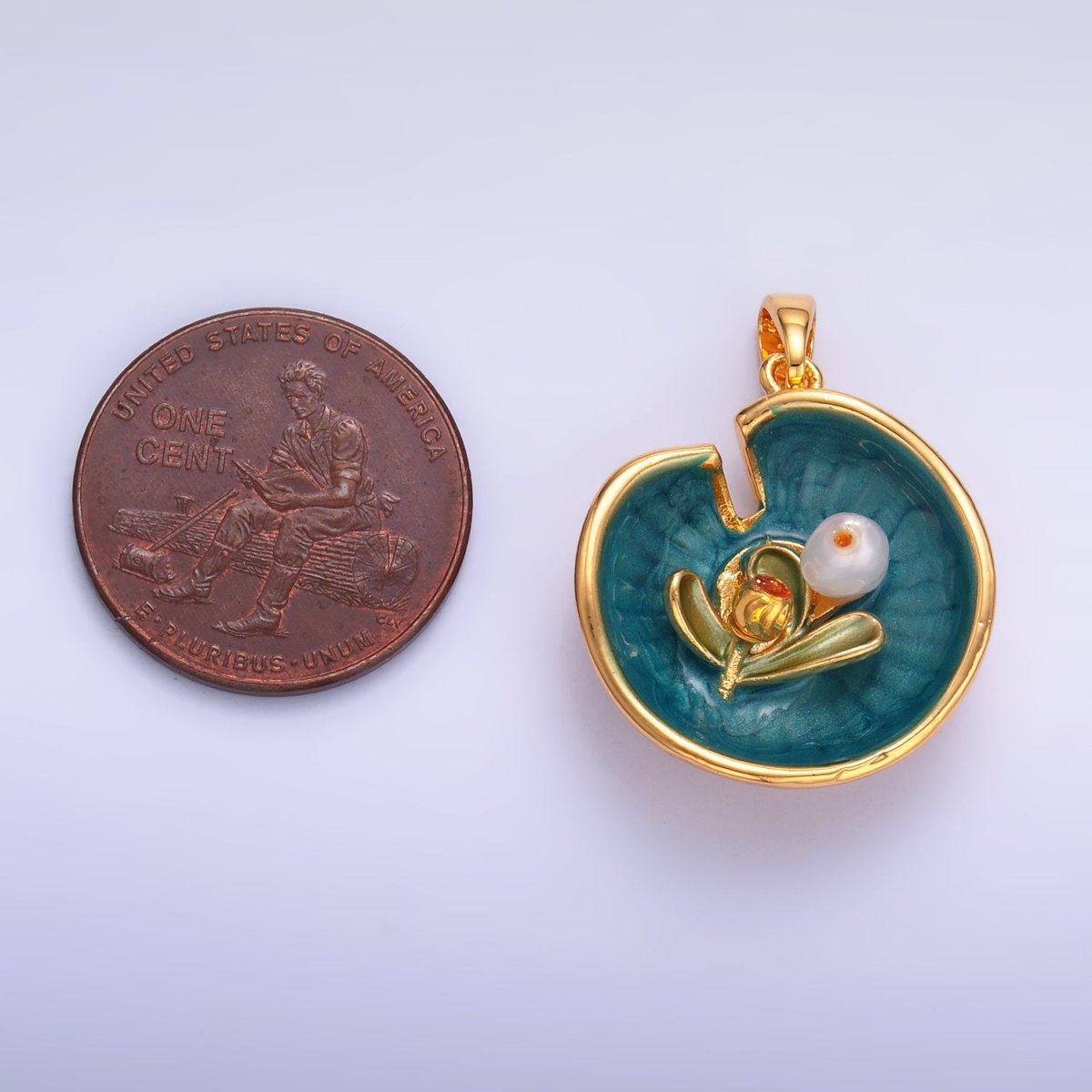 24K Gold plated Water Lily Flower Arrangement Pearl Enamel Charm in Gold & Silver | AA1424 - DLUXCA