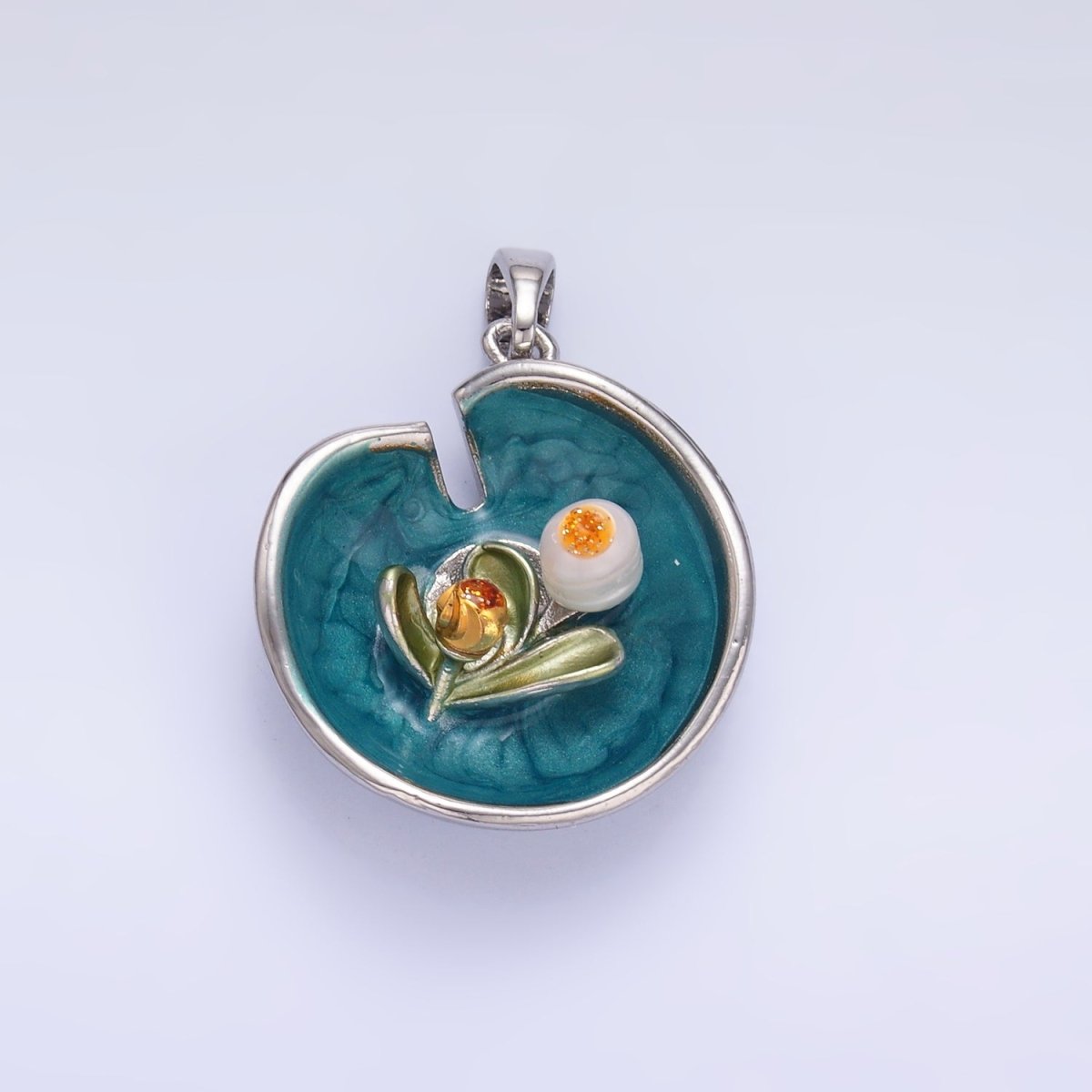 24K Gold plated Water Lily Flower Arrangement Pearl Enamel Charm in Gold & Silver | AA1424 - DLUXCA