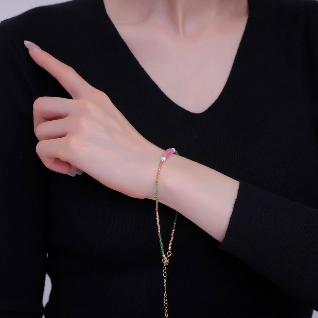 24K Gold plated Watermelon Quartz Gemstone 9.25 Inch Bracelet | WA - 2954 