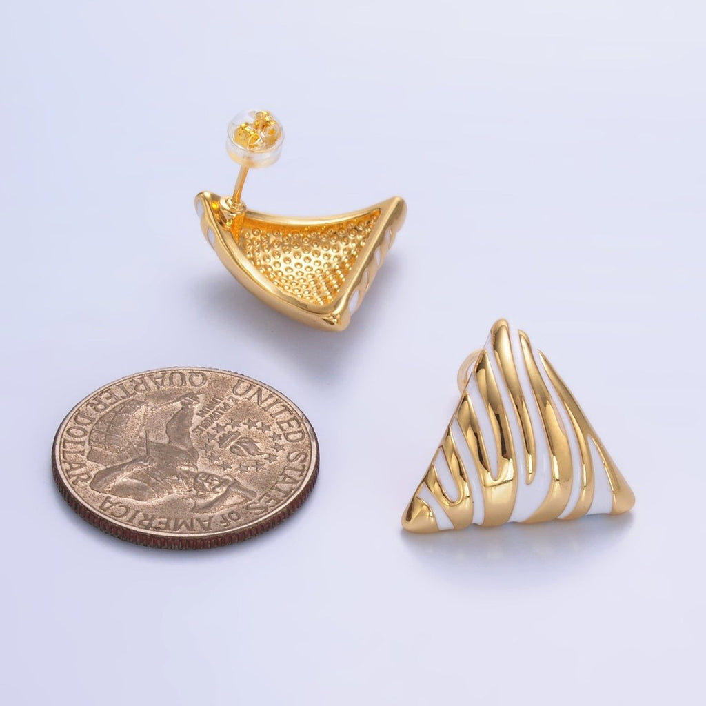24K Gold plated White Enamel Lined Triangle Stud Earrings | AB925 
