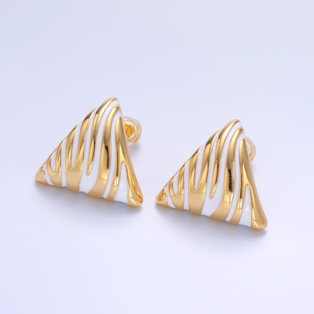 24K Gold plated White Enamel Lined Triangle Stud Earrings | AB925 