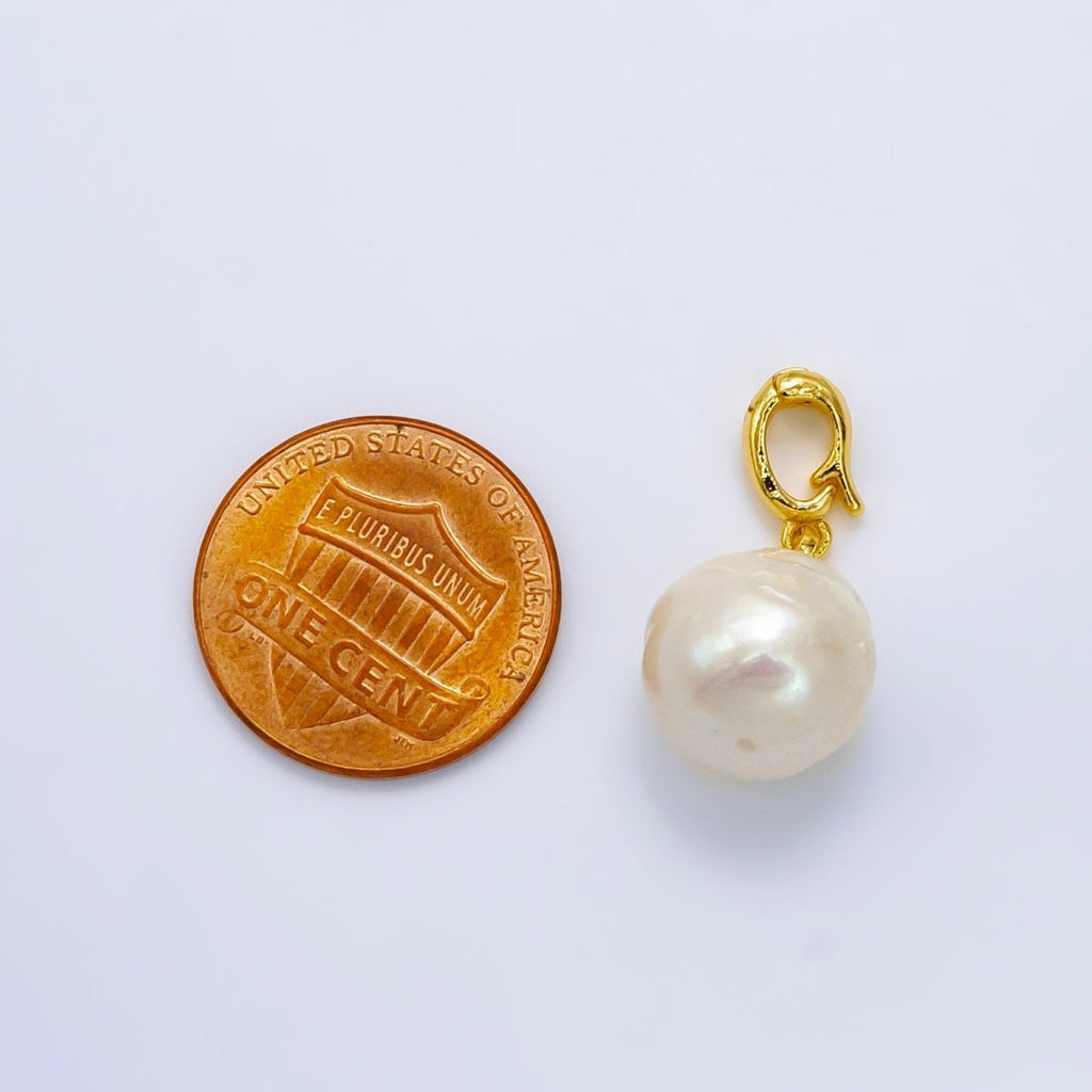 24K Gold plated White Freshwater Pearl Button Round Snap Latch Bail Pendant | P1909 - DLUXCA