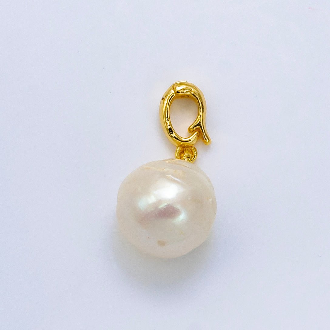 24K Gold plated White Freshwater Pearl Button Round Snap Latch Bail Pendant | P1909 - DLUXCA