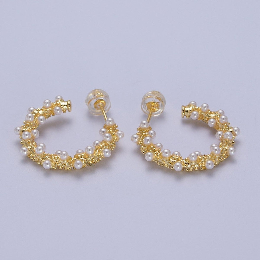 24K Gold plated White Pearl Beaded C-Shaped Stud Hoop Earrings | Y-228 - DLUXCA