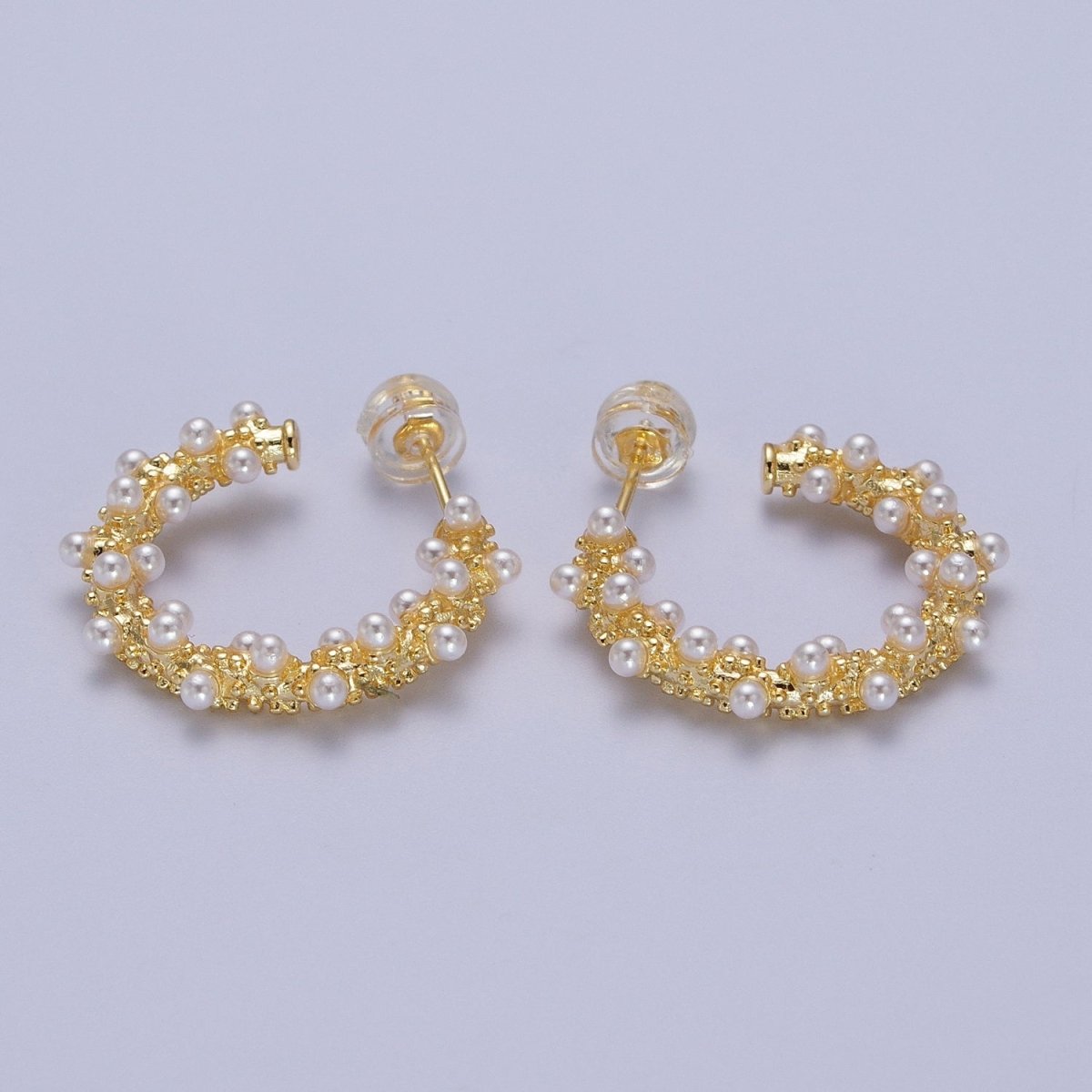24K Gold plated White Pearl Beaded C-Shaped Stud Hoop Earrings | Y-228 - DLUXCA