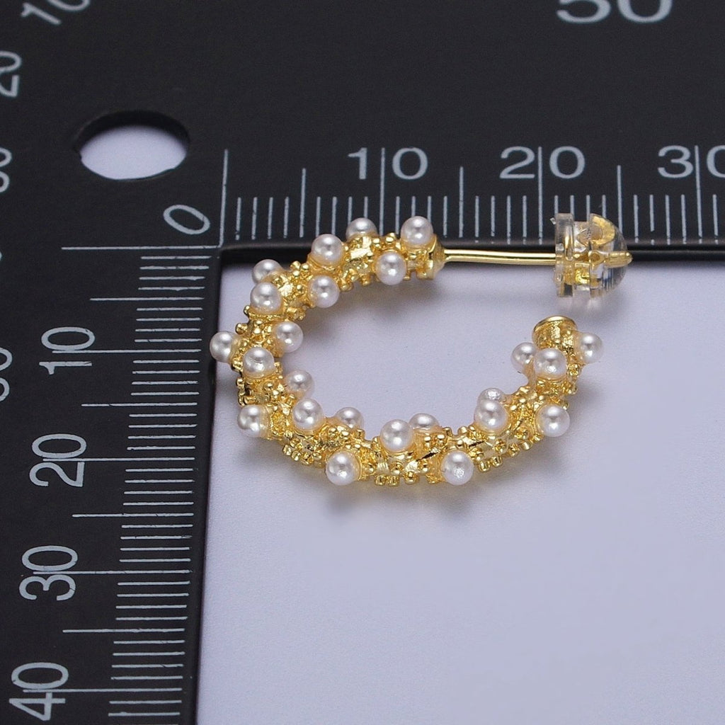 24K Gold plated White Pearl Beaded C-Shaped Stud Hoop Earrings | Y-228 - DLUXCA