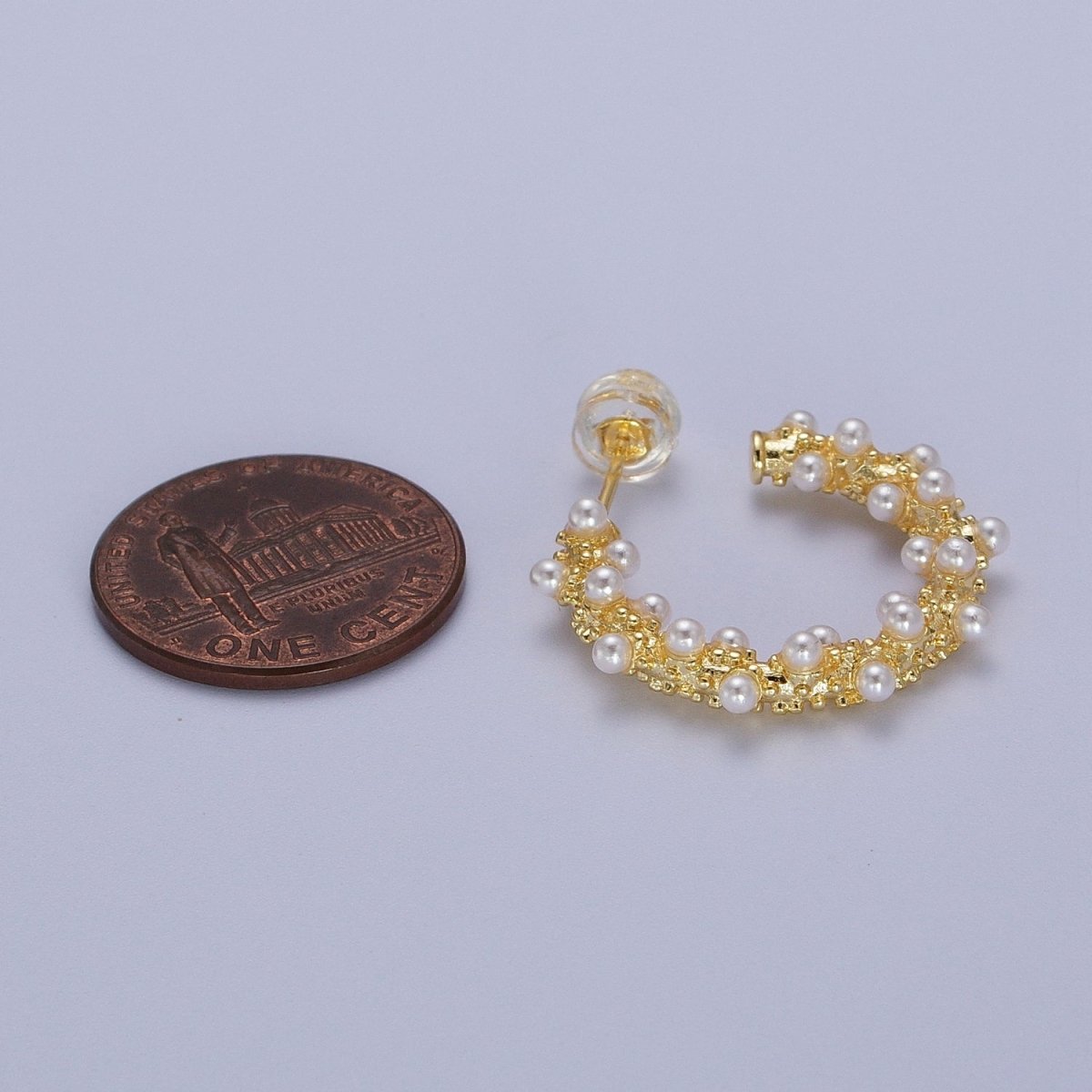 24K Gold plated White Pearl Beaded C-Shaped Stud Hoop Earrings | Y-228 - DLUXCA